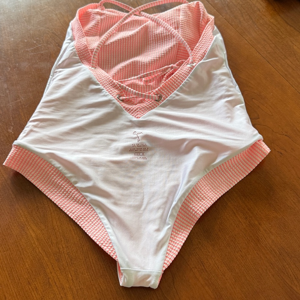 Seea - One Piece - Med - Pink/Coral & White Seersucker - Picture 6 of 7